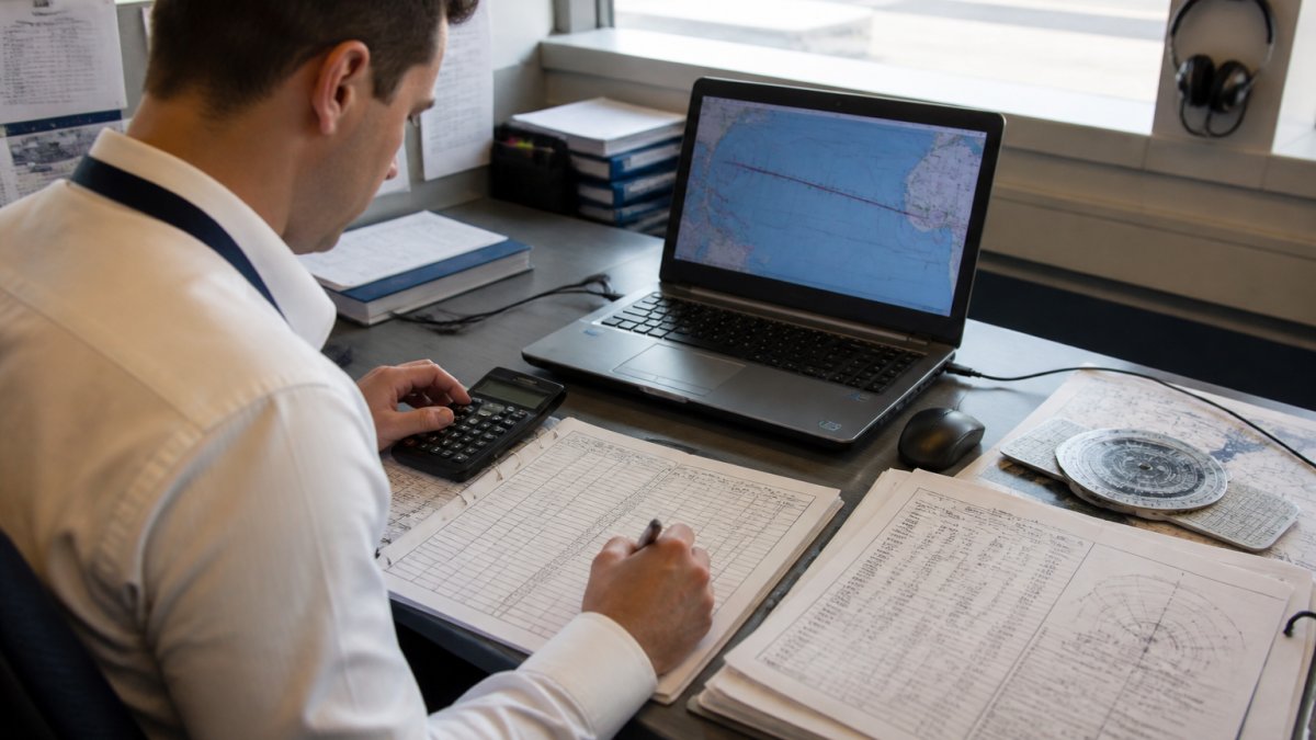 An aircraft dispatcher at a desk with a navigation log, performance charts, and a laptop showing an oceanic flight planning route with ETOPS diversion circles, with a pen and calculator nearby in a bright operations office