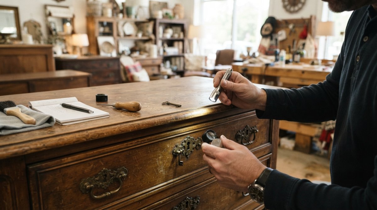 Close-up of hands inspecting upholstered furniture for stains, tears, and wear patterns; fingers examining fabric texture and seams in natural daylight from a window