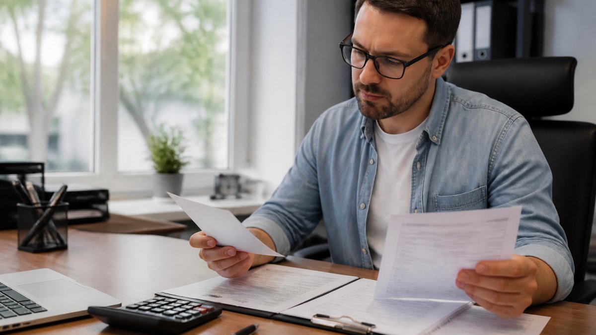 Person reviewing vehicle loan documents and valuation paperwork at a desk with a calculator and pen nearby, natural office lighting
