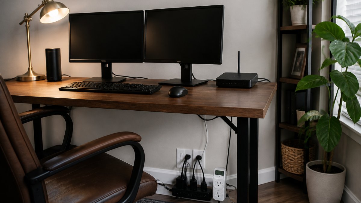 Desktop computer, dual monitors, and equipment connected to a watt meter to measure home office power usage.