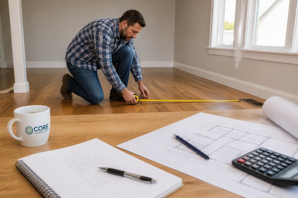 Homeowner measuring interior room with tape measure, blueprints and calculation notes visible on nearby table with pencil and notebook