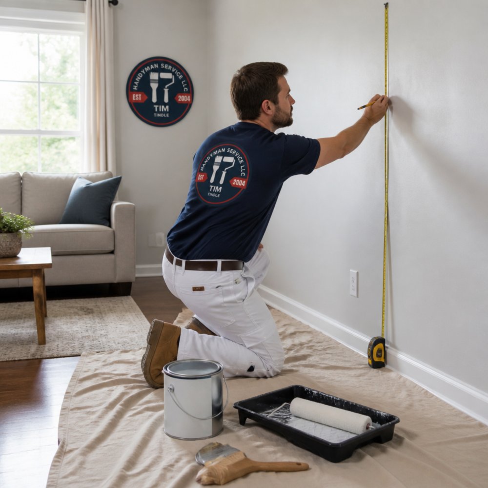 Homeowner kneeling on drop cloth with tape measure and paint can, marking wall measurements with pencil in bright living room
