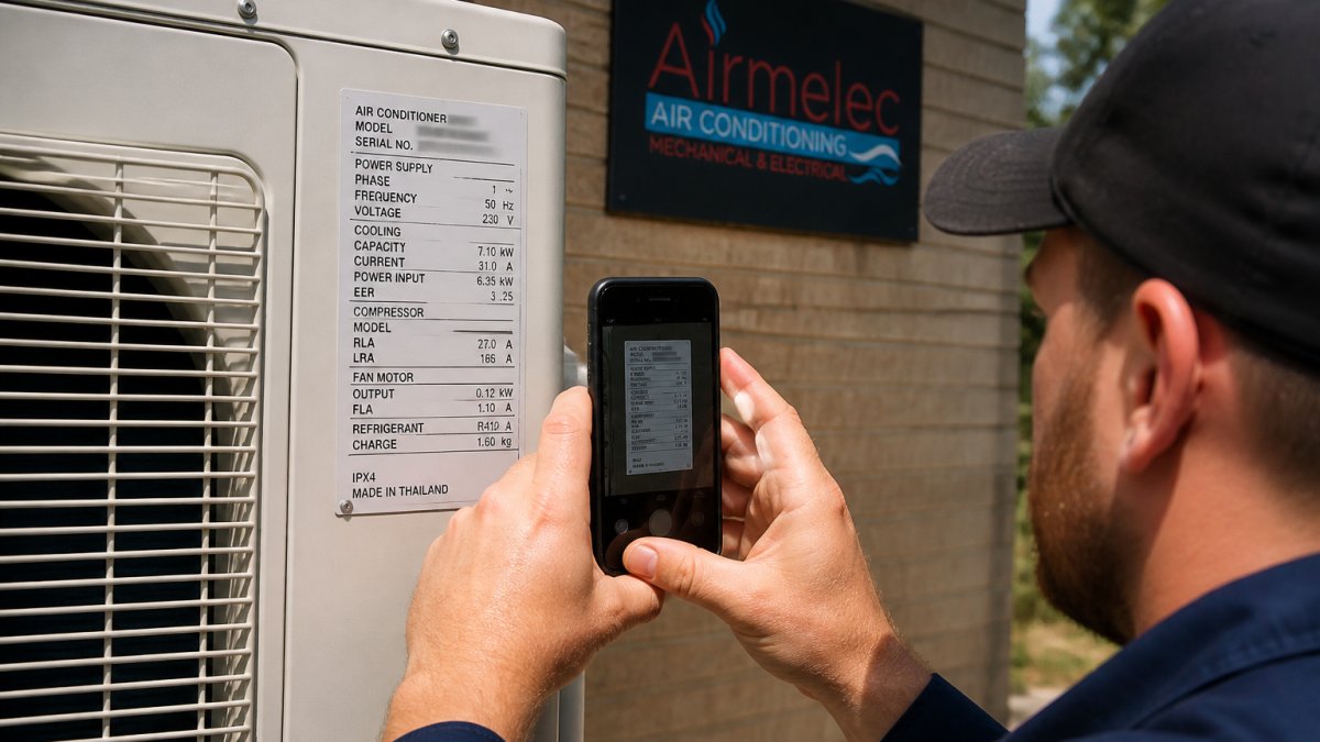Technician photographing an AC nameplate to determine the HVAC electrical load for a system assessment.