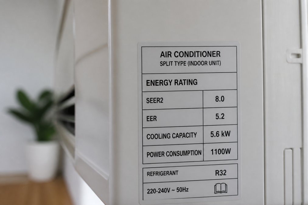Close-up of an energy rating label on a split system indoor unit showing SEER2 rating of 8.0, EER value of 5.2, cooling capacity of 5.6 kW, and power consumption of 1100W in clear detail