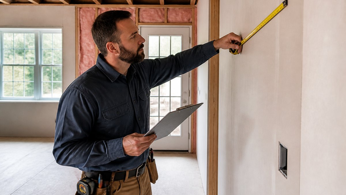 A homeowner in work clothes measuring a wall with a tape measure and clipboard, with a window and exterior door visible in the room behind