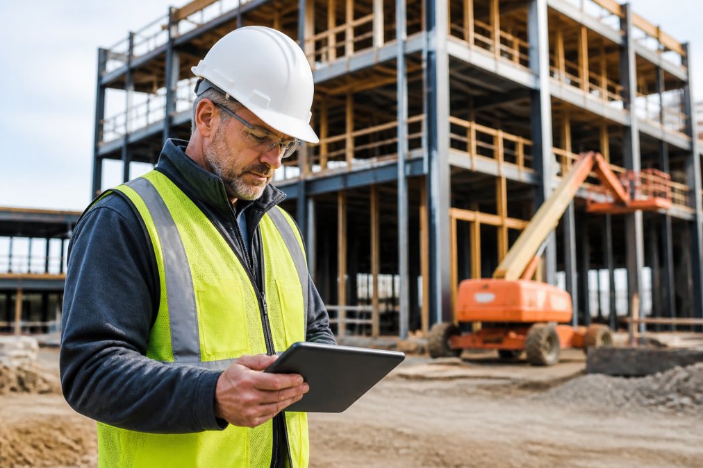 A construction project manager in a hard hat reviewing a draw schedule spreadsheet on a tablet at an active commercial job site, with a partially framed building in the background