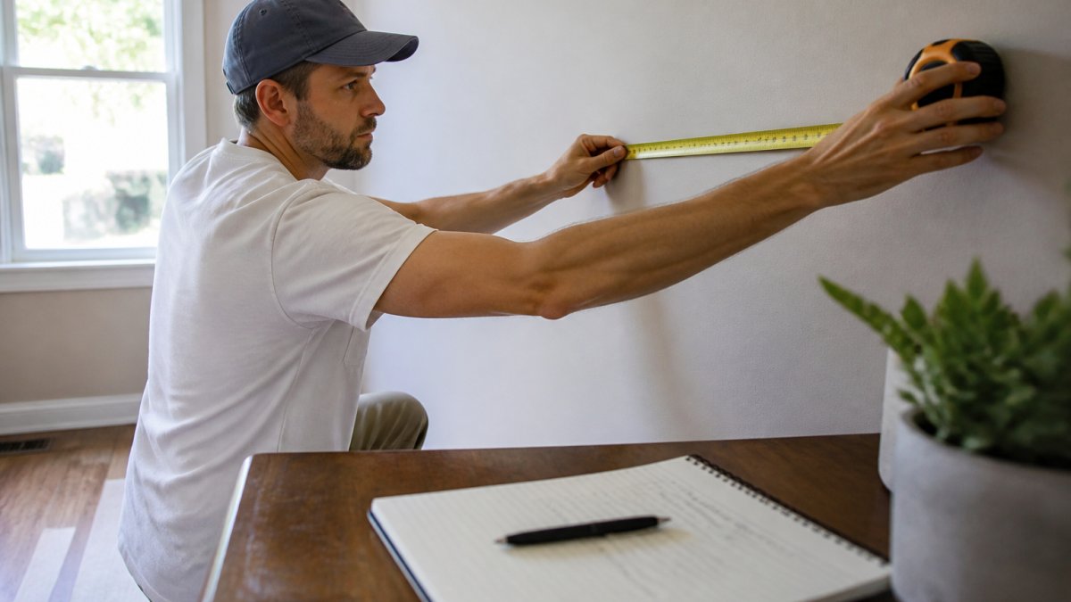 A homeowner holding a tape measure against an interior wall while a notepad with room dimensions sits on a nearby table, soft daylight from a window