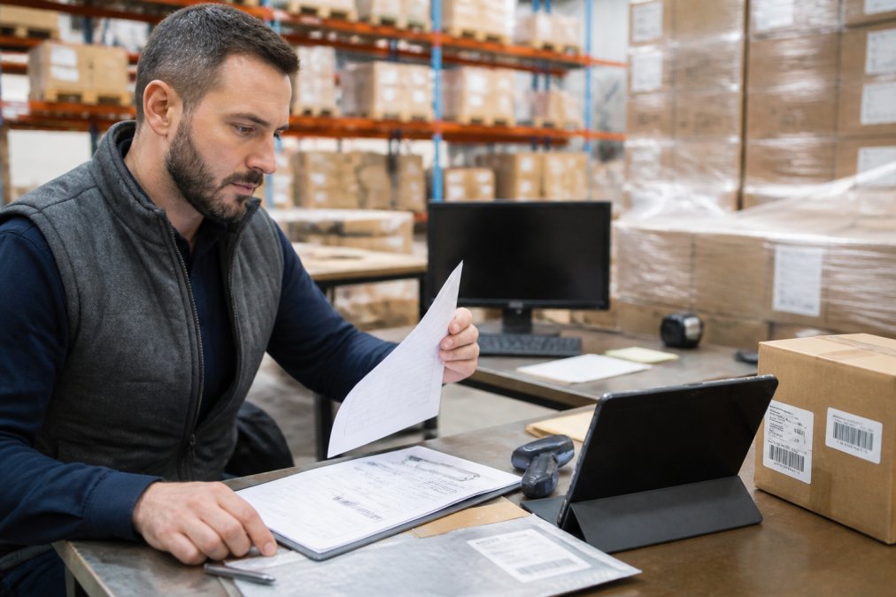 Logistics professional reviewing shipping documentation to calculate international cargo rates at a warehouse desk