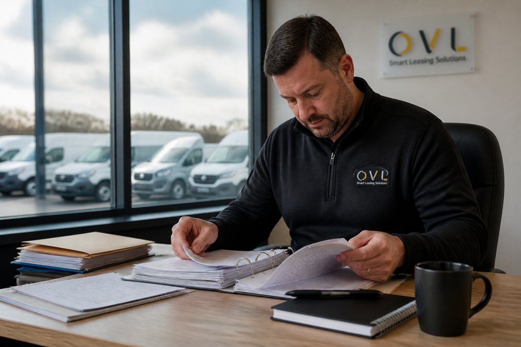 Fleet manager reviewing vehicle maintenance records and cost spreadsheets at a desk in a modern office, with fleet vehicles visible through the window in the background
