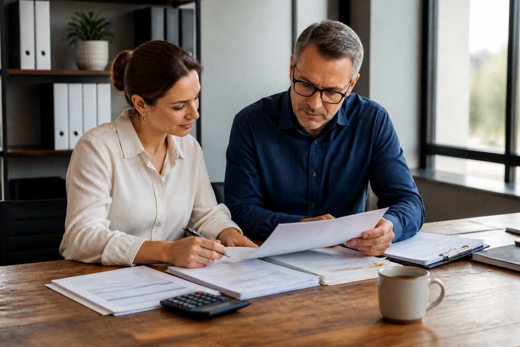 A small business owner and an accountant reviewing financial statements and a laptop at a wooden desk in a bright office, with a calculator and coffee nearby