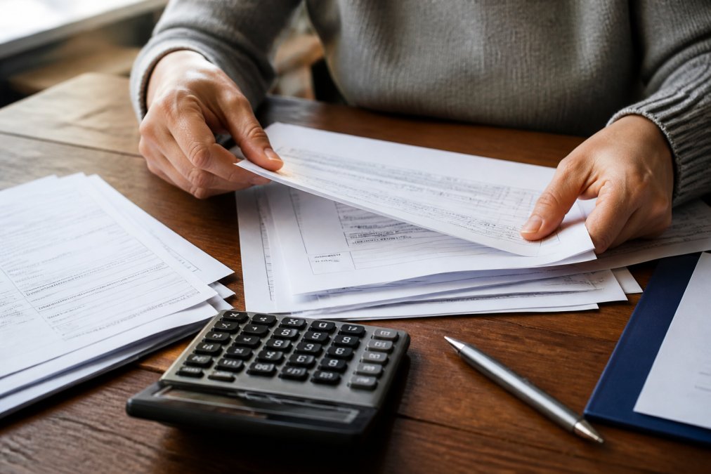 Hands organizing pay stubs and tax documents to support a claim for loss of income on a wooden desk.