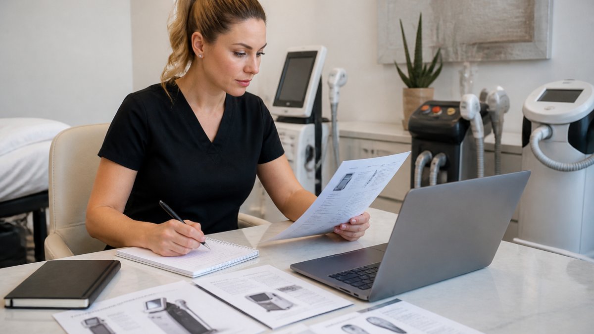 Practice manager reviewing equipment costs to calculate medical equipment ROI in a modern clinic office