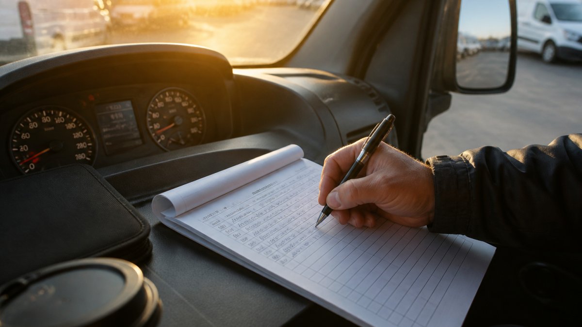 Professional driver's hand writing mileage and journey details in a logbook on a van's dashboard, with the odometer visible in the background and morning sunlight streaming through the windscreen