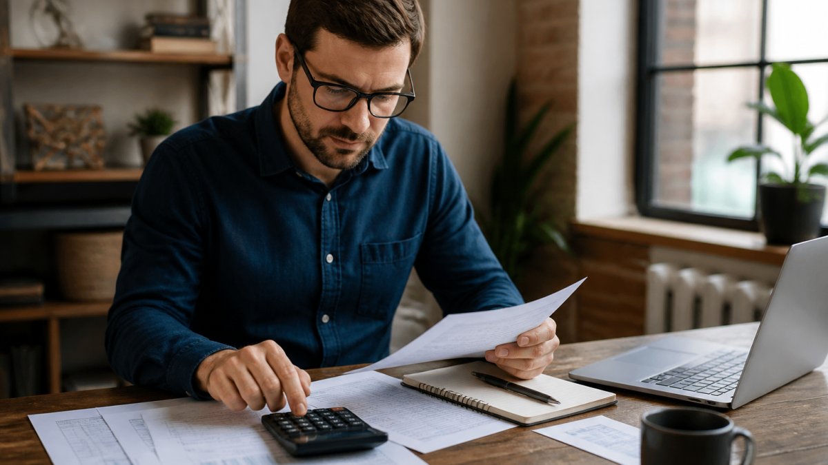 Business owner using a calculator and financial documents to learn how to calculate mobile app return on investment