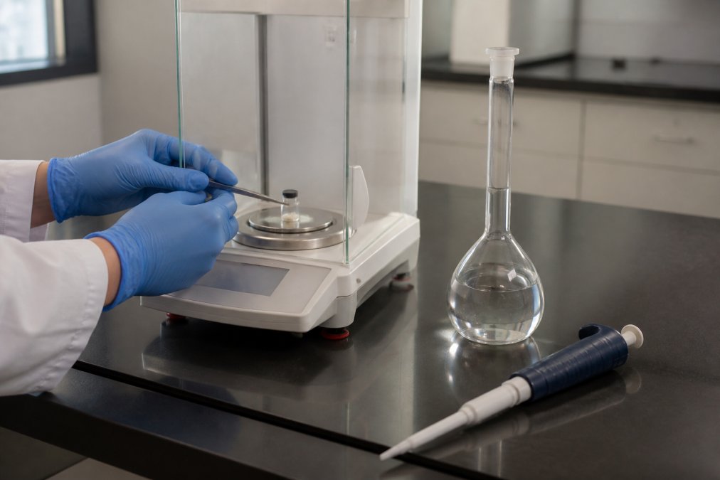 Researcher's hands carefully weighing a lyophilized peptide vial on an analytical balance in a clean laboratory setting, with a volumetric flask and calibrated pipette visible on the bench nearby