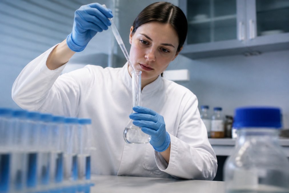 A researcher carefully pipetting reconstitution solvent into a volumetric flask containing a lyophilized peptide, demonstrating sterile technique in a clean laboratory environment with proper lighting and organized lab workspace