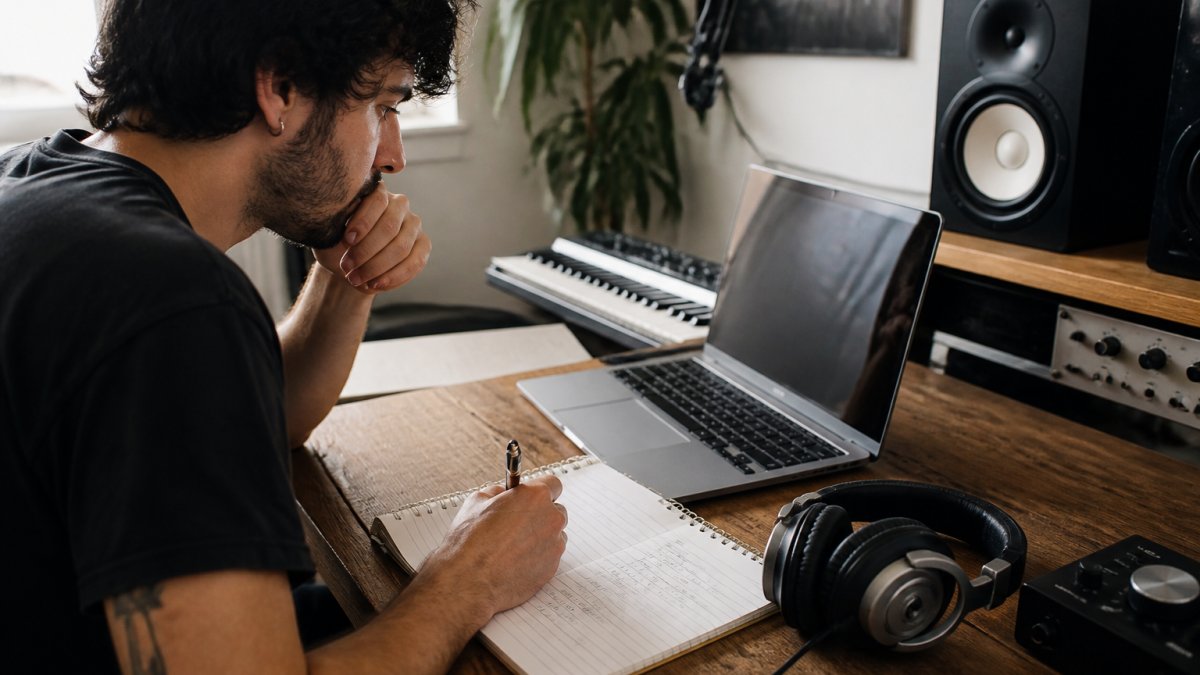 Music artist reviewing streaming data on a laptop to calculate distribution ROI at a home studio desk