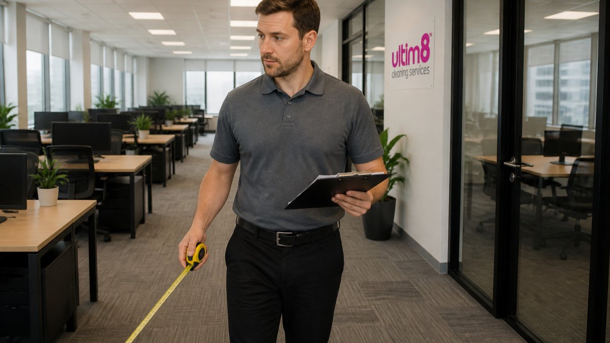How to Calculate Office Cleaning Costs Per Square Foot 5 Facilities manager measuring office floor space to accurately calculate office cleaning costs