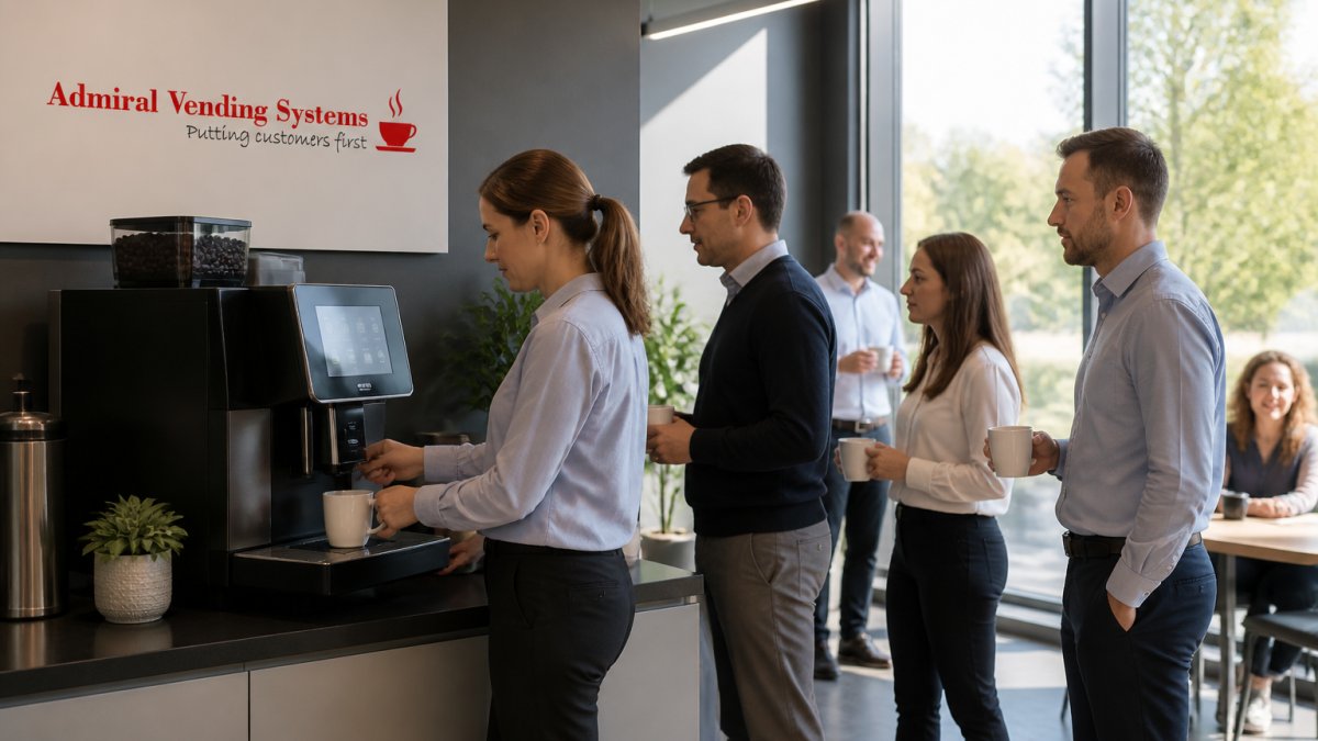 Employees waiting in line for a bean to cup machine in a busy office breakroom to manage the office coffee budget.