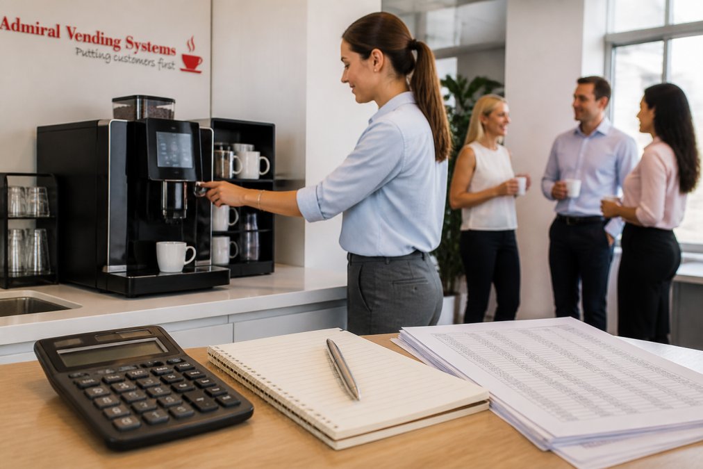 Professional bean to cup coffee machine installed on bright office kitchen counter with employees nearby accessing drinks