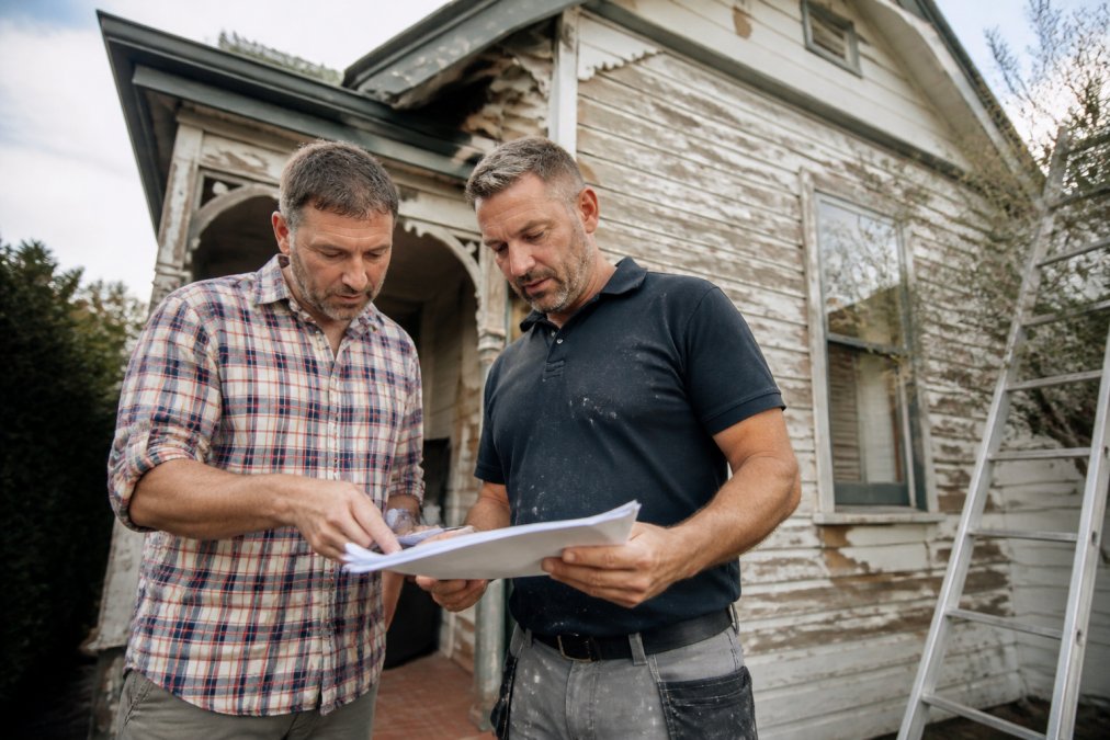 A Melbourne homeowner in a checked shirt reviewing itemised repair quotes with a builder beside a period home with peeling paint and an old roof