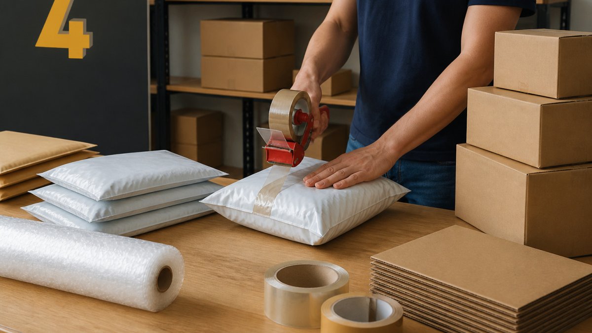 Small online retailer packing a parcel on a wooden table to meet packaging needs efficiently.