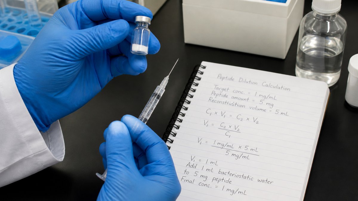 Close-up of gloved hands holding a small lyophilized peptide vial and a syringe next to a notebook with handwritten calculations on a laboratory bench