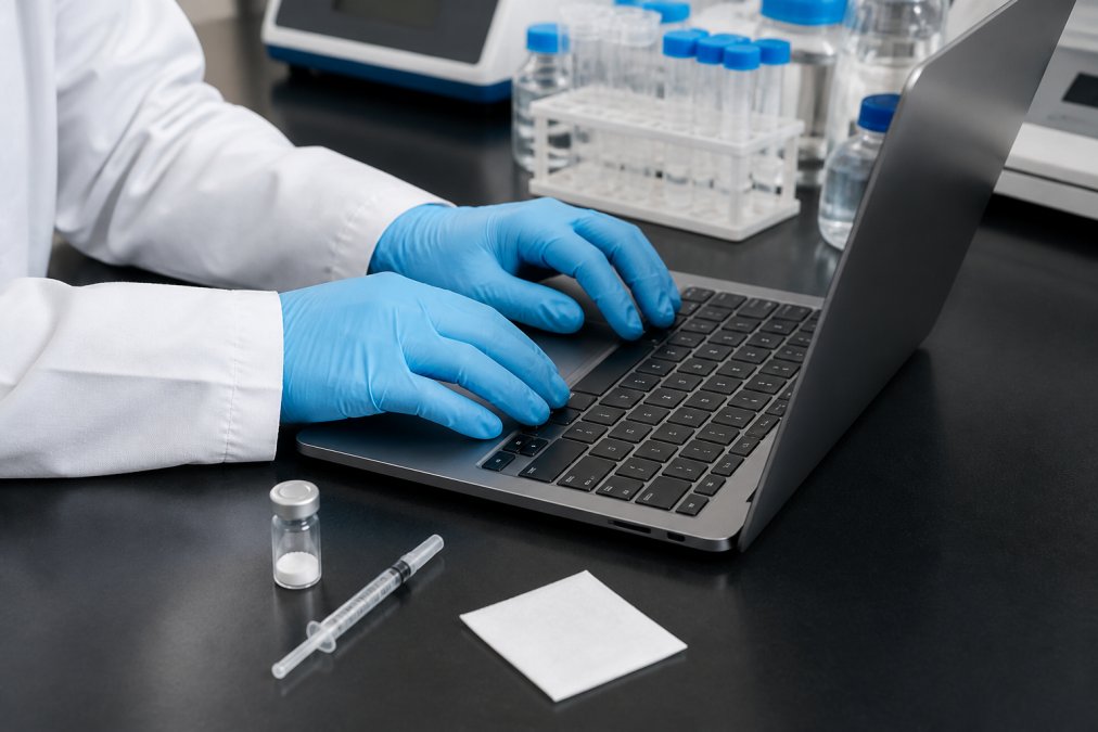 A researcher's gloved hands entering peptide reconstitution data into a laptop calculator on a clean lab bench, with a lyophilized powder vial, a syringe, and an alcohol wipe arranged beside the keyboard under bright overhead lighting