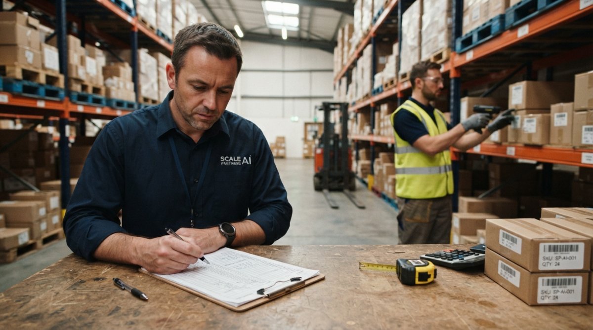 A warehouse manager reviewing a clipboard with inventory sheets while a worker scans barcodes on boxes on shelves in the background