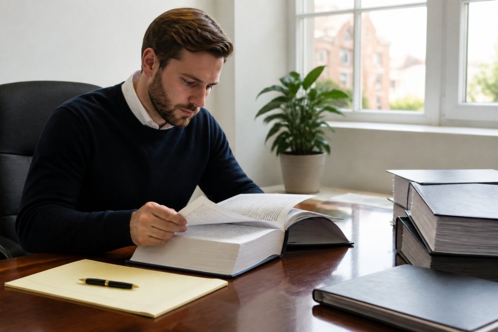 A person reviewing a thick legal reference book at a desk with a notepad and pen, natural light from a window, focused expression