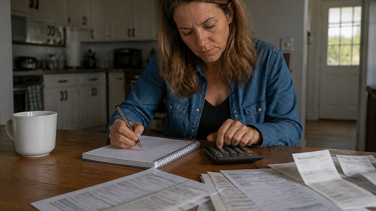 A person sitting at a kitchen table with medical bills, a calculator, and a notepad, looking focused and determined
