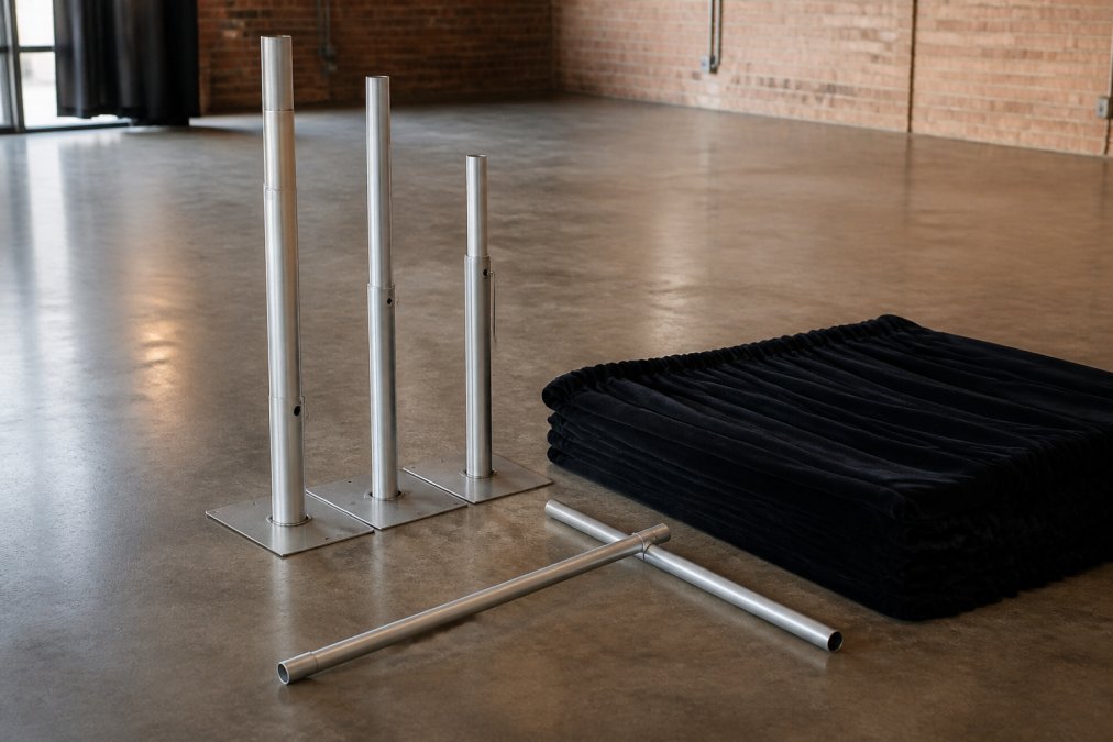 Close-up of assembled pipe and drape components laid out on a polished concrete event floor: silver telescoping upright rods, a horizontal crossbar, heavy square base plates, and neatly folded dark velour drape panels, warehouse venue with natural side lighting