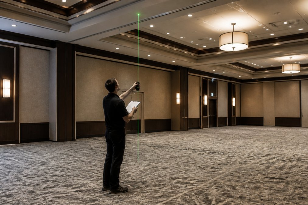 An event professional using a laser measuring tool to measure the distance from the floor to the ceiling in an empty hotel ballroom, with a notepad in hand