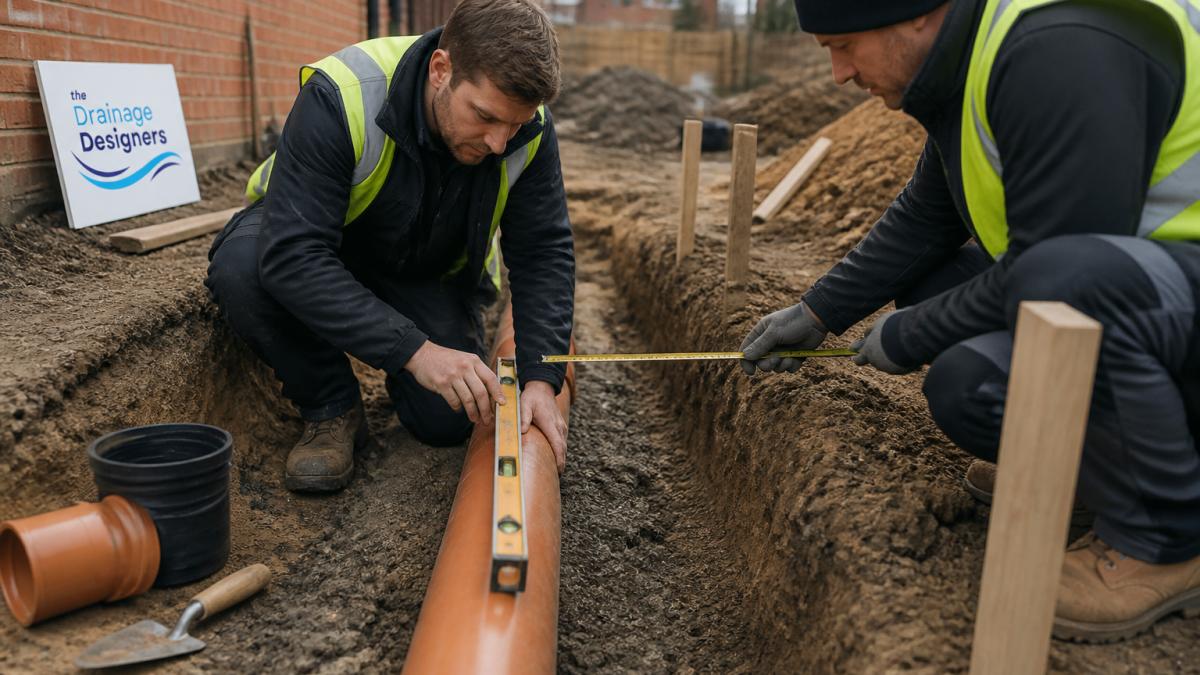 A drainage engineer kneeling beside an open trench on a residential building site, holding a spirit level against a newly laid plastic drainage pipe while an assistant holds a tape measure, overcast daylight, muddy ground and timber pegs visible
