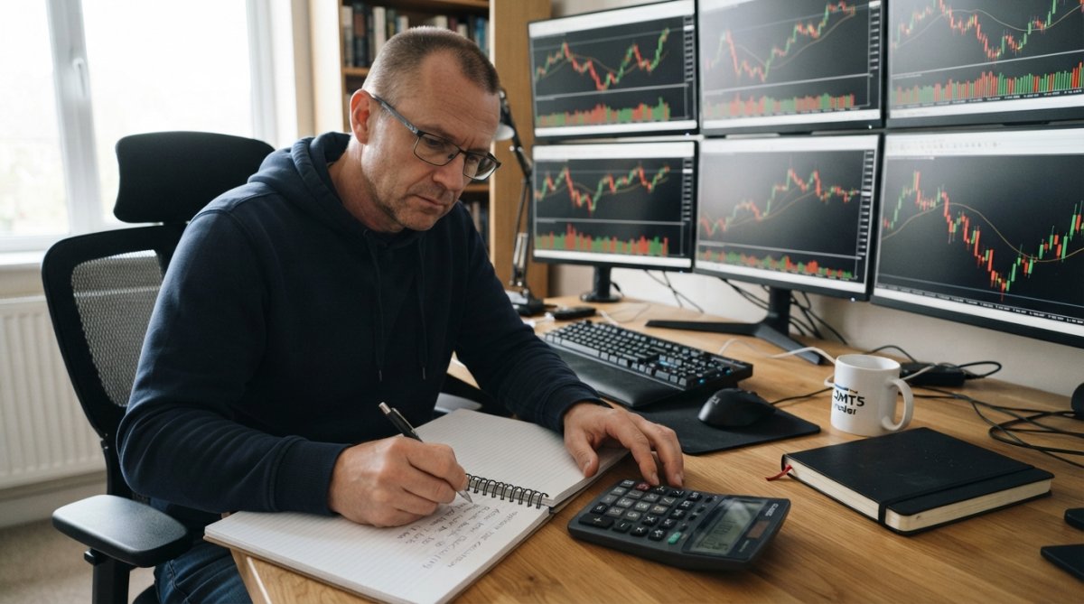 Trader at desk with multiple monitors displaying forex charts and price data, notebook with handwritten calculations, calculator and risk management spreadsheet visible