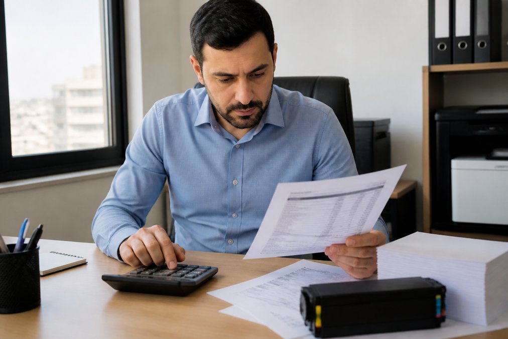 A small business office manager in Lebanon reviewing a printed cost breakdown on a desk, with a calculator, ink cartridge box, and a stack of printed pages nearby, natural window light
