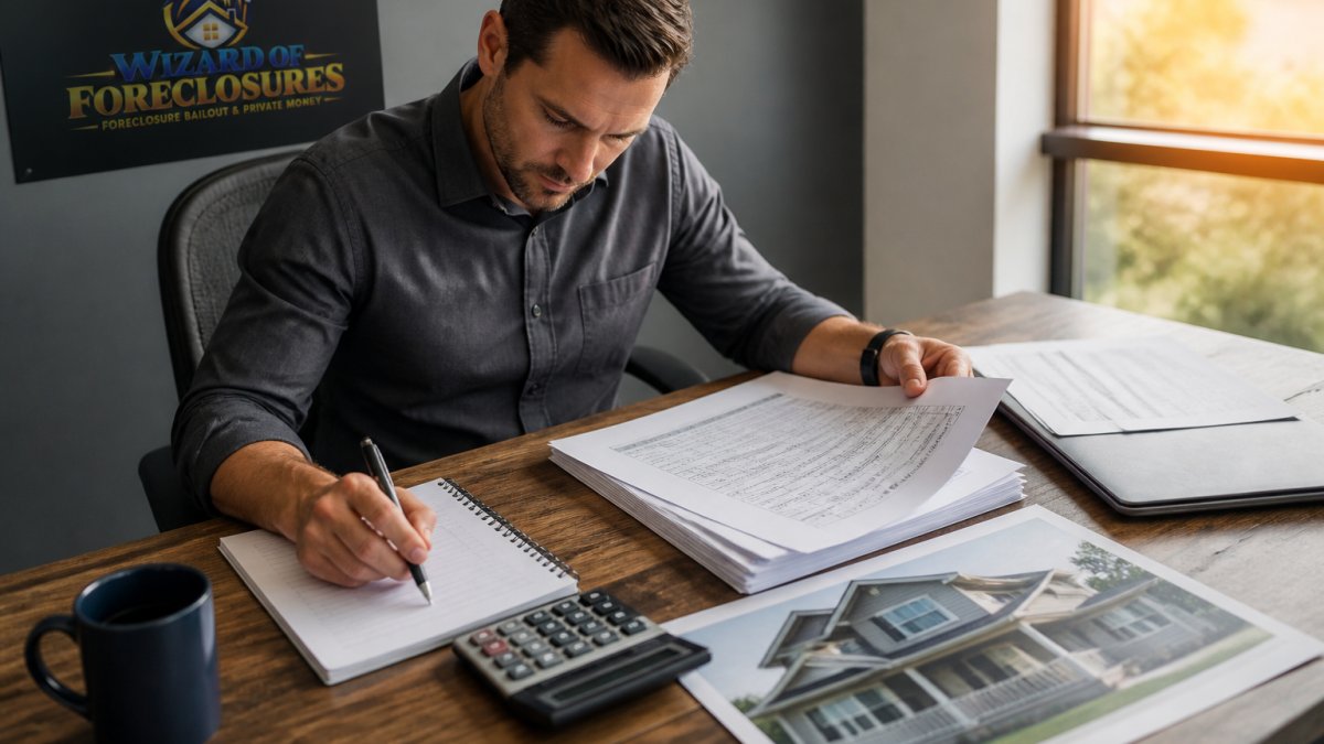 A real estate investor reviewing loan documents and a calculator at a wooden desk, with a printed property photo and a coffee cup nearby, warm afternoon light through a window