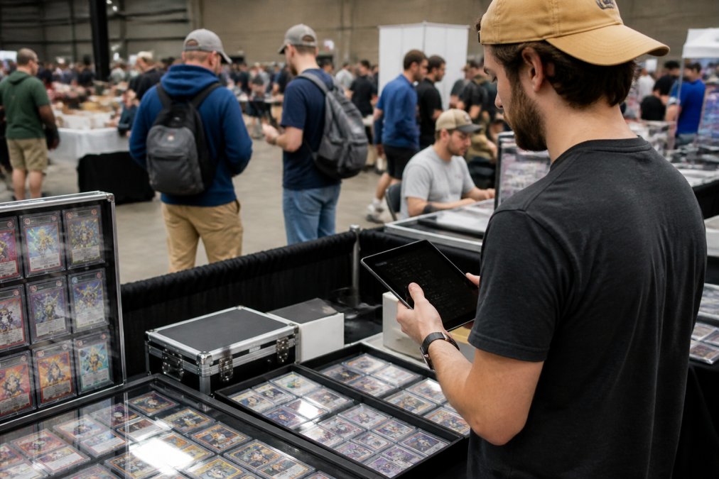 Card show vendor checking sales on a tablet to calculate profit for card shows amidst a busy trading card booth