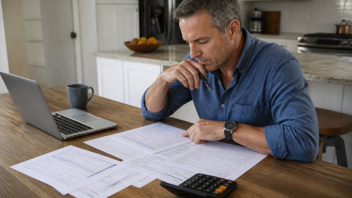 Homeowner reviewing property tax documents and calculations at a kitchen table with a laptop, calculator, and paperwork spread out