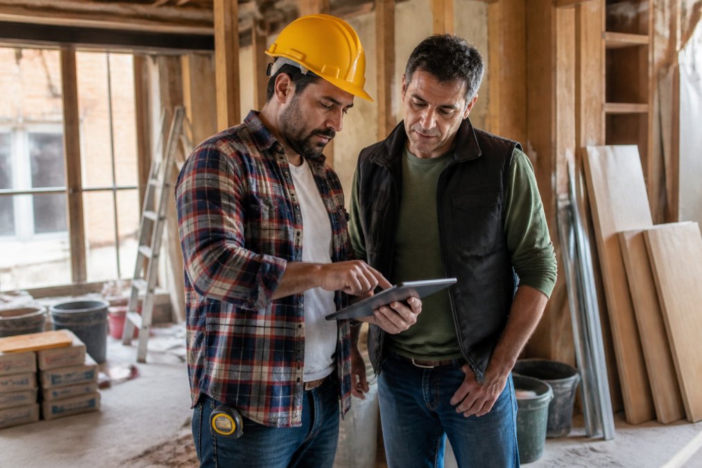 Contractor reviewing renovation plans and cost estimates on a tablet at a property site, with renovation materials visible in background