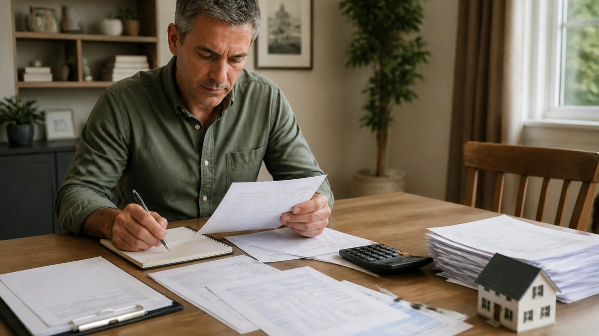 Property owner sitting at desk reviewing rental property financial documents, spreadsheets, and calculator with notebook, natural office lighting