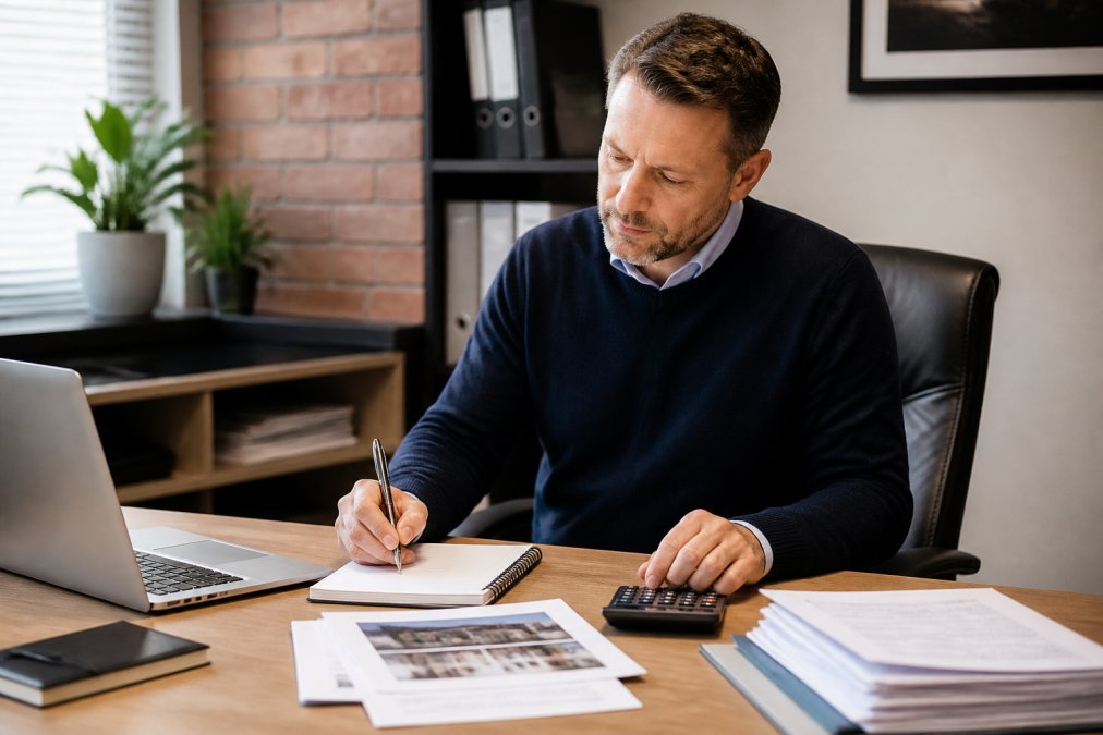 Property manager reviewing rental yield calculations at desk with laptop, notepad, calculator, and property documents under natural office lighting