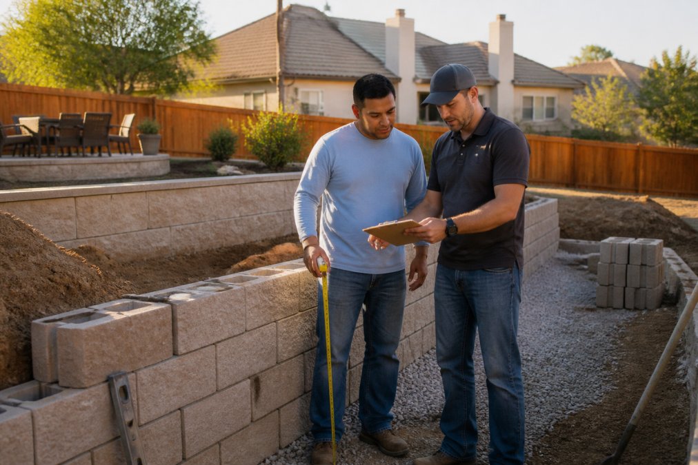 A homeowner and a hardscape contractor standing beside a partially built block retaining wall in a suburban backyard, both looking at a tape measure and a clipboard with measurements, late afternoon sunlight