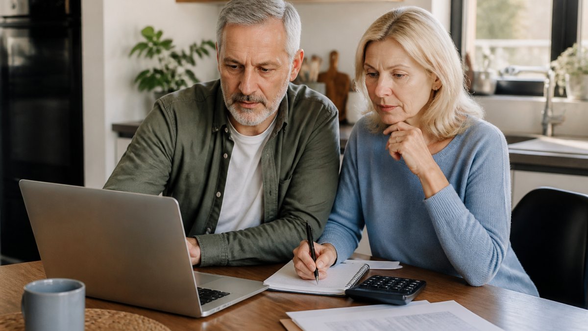 A couple in their late 50s sitting at a kitchen table with a laptop, notepad, and calculator, reviewing retirement income figures together in a warm, naturally lit home