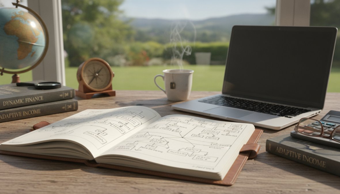 Financial advisor and retired couple reviewing retirement income documents and portfolio statements at wooden desk with laptop and notepad, natural office lighting