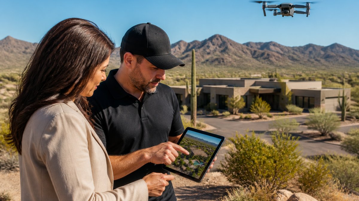 Infographic showing the drone photography ROI calculation process for real estate pilots on a job site.
