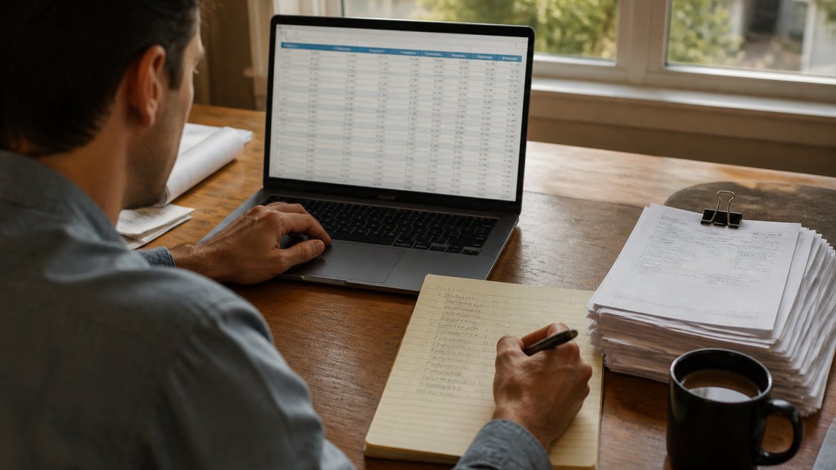 An investor at a desk with a laptop showing a spreadsheet, a stack of contractor invoices, and a notebook with handwritten renovation line items beside a coffee cup, warm afternoon light through a window