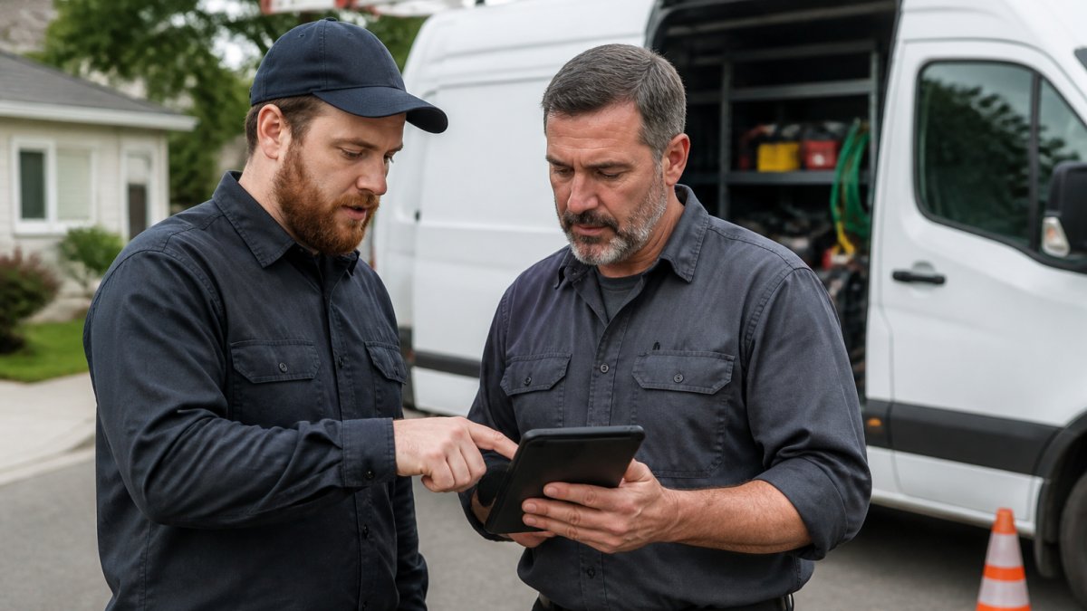 Field service crew reviewing work orders and job details on a mobile device while standing at a job site, showing how digital tools reduce time spent on paperwork and administrative tasks in the field