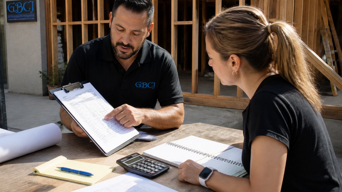 A small business owner and a signage consultant reviewing a cost breakdown on a clipboard in front of a storefront under construction, morning light, exposed framing visible