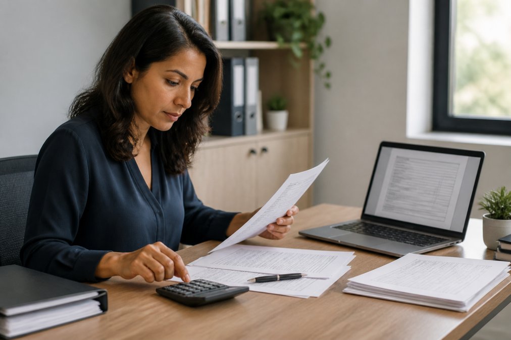 An accountant at a tidy desk reviewing printed financial statements and a calculator, with a laptop showing a tax form, in a bright small office